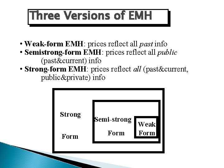 Three Versions of EMH • Weak-form EMH: prices reflect all past info • Semistrong-form