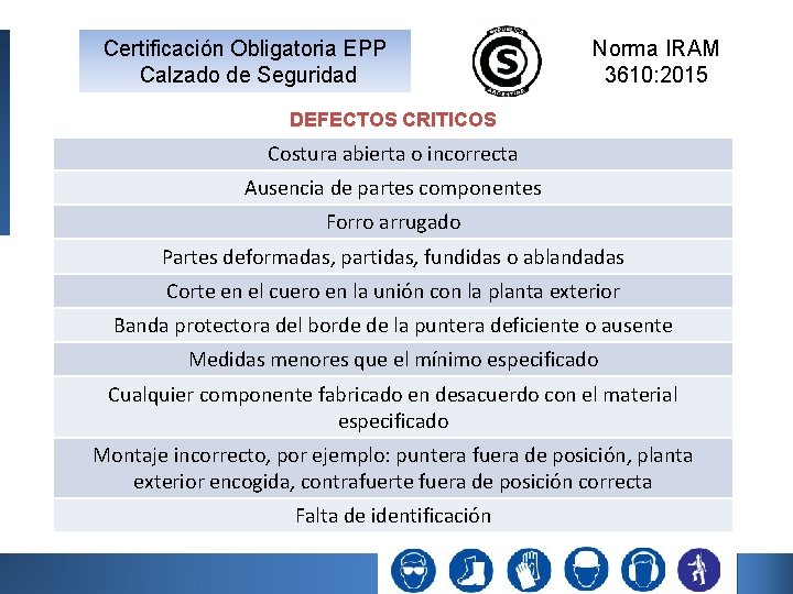 Certificación Obligatoria EPP Calzado de Seguridad Norma IRAM 3610: 2015 DEFECTOS CRITICOS Costura abierta Certificación Obligatoria EPP Calzado de Seguridad Norma IRAM 3610: 2015 DEFECTOS CRITICOS Costura abierta