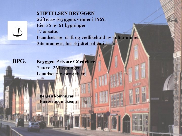 STIFTELSEN BRYGGEN Stiftet av Bryggens venner i 1962. Eier 35 av 61 bygninger 17