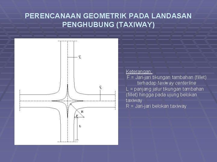 PERENCANAAN GEOMETRIK PADA LANDASAN PENGHUBUNG (TAXIWAY) Keterangan: F = Jari-jari tikungan tambahan (fillet) terhadap