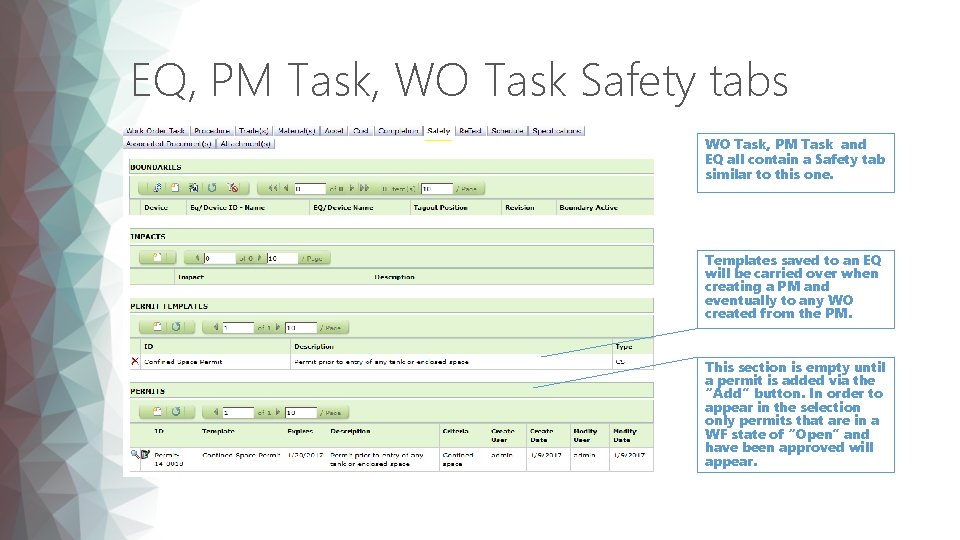 EQ, PM Task, WO Task Safety tabs WO Task, PM Task and EQ all