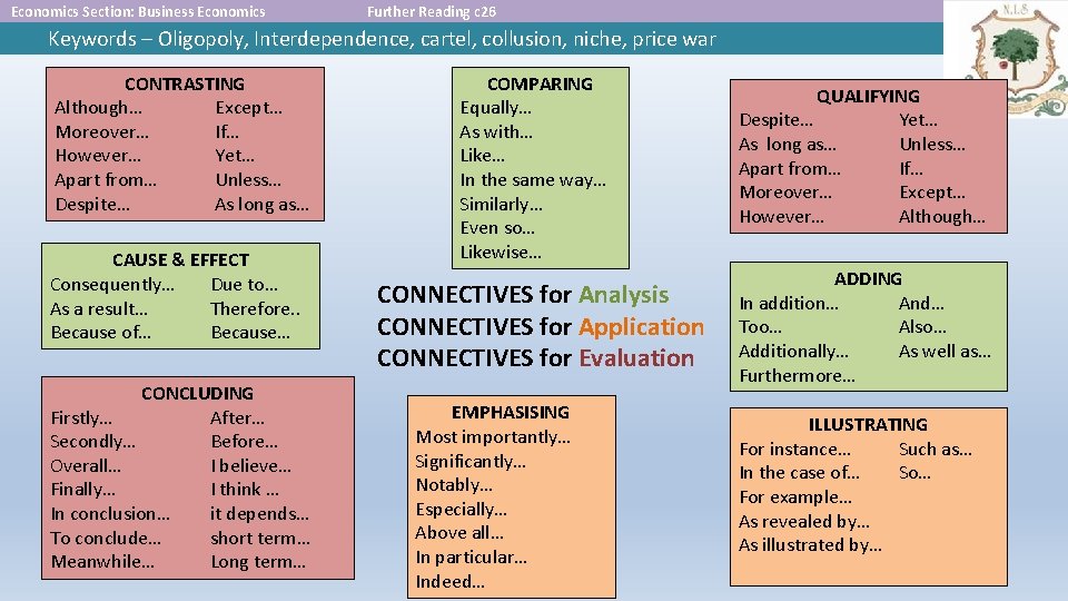 Economics Section: Business Economics Further Reading c 26 Keywords – Oligopoly, Interdependence, cartel, collusion,