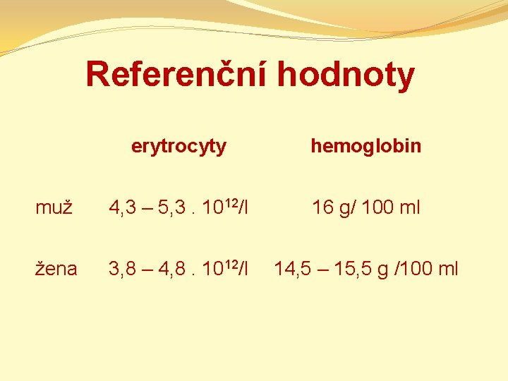 Referenční hodnoty erytrocyty hemoglobin muž 4, 3 – 5, 3. 1012/l 16 g/ 100