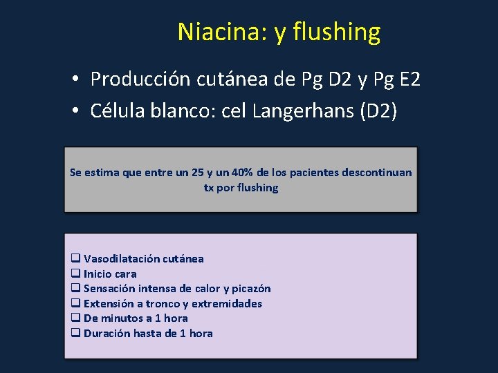 Niacina: y flushing • Producción cutánea de Pg D 2 y Pg E 2