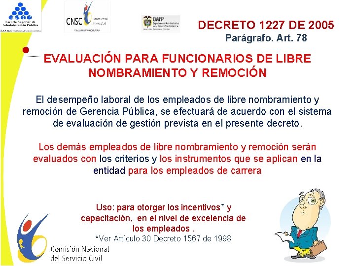 DECRETO 1227 DE 2005 Parágrafo. Art. 78 EVALUACIÓN PARA FUNCIONARIOS DE LIBRE NOMBRAMIENTO Y