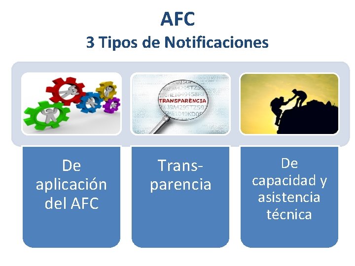 AFC 3 Tipos de Notificaciones De aplicación del AFC Transparencia De capacidad y asistencia