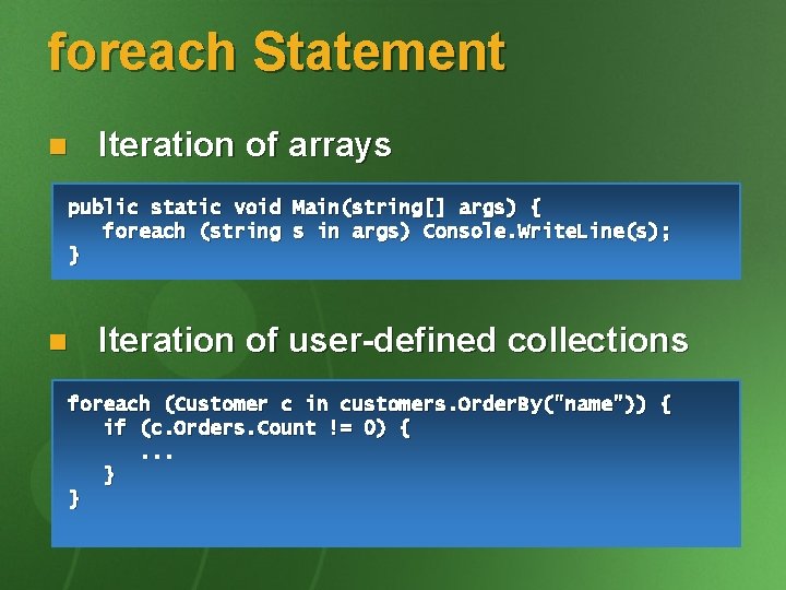 foreach Statement n Iteration of arrays public static void Main(string[] args) { foreach (string