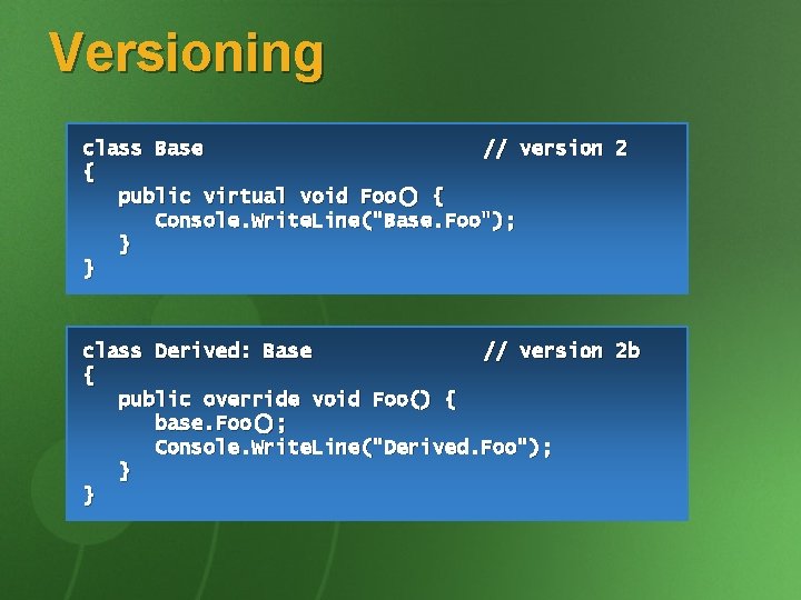 Versioning class Base // version 2 1 { } public virtual void Foo() {