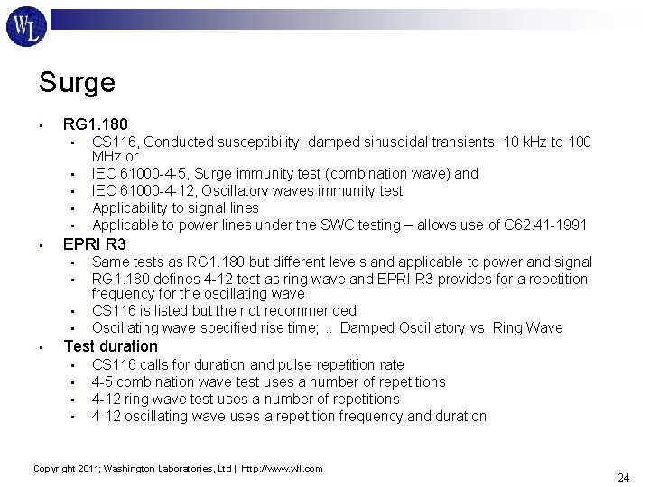 Surge • RG 1. 180 • • • EPRI R 3 • • •