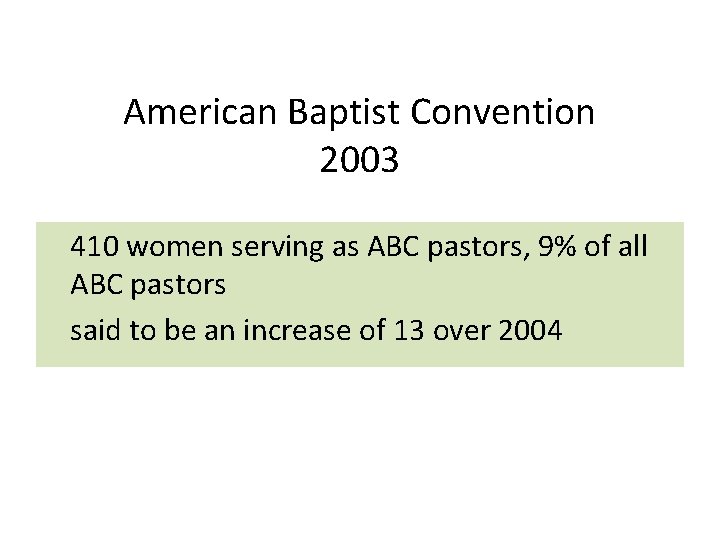 American Baptist Convention 2003 410 women serving as ABC pastors, 9% of all ABC