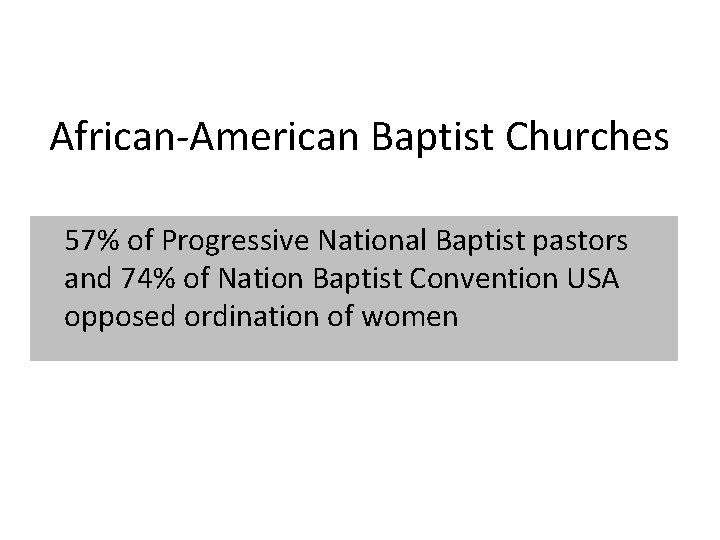 African-American Baptist Churches 57% of Progressive National Baptist pastors and 74% of Nation Baptist