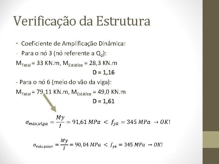 Verificação da Estrutura • Coeficiente de Amplificação Dinâmica: - Para o nó 3 (nó
