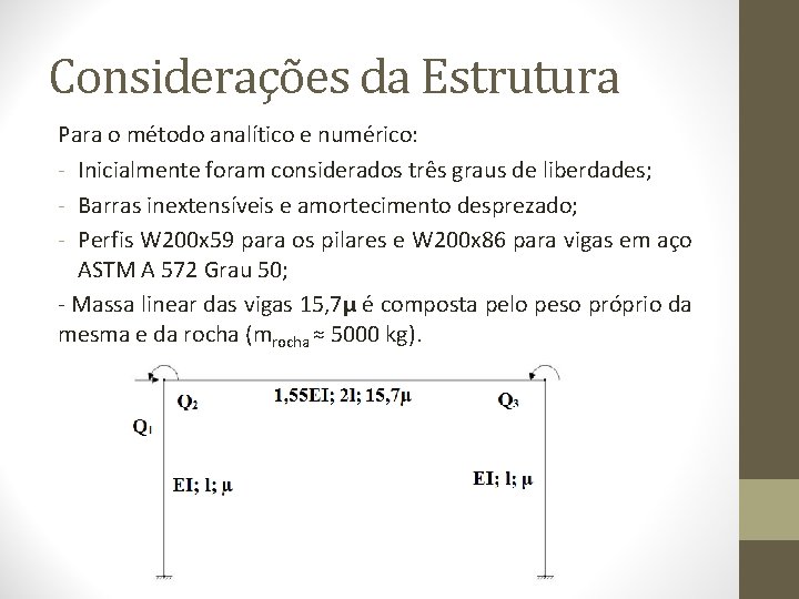 Considerações da Estrutura Para o método analítico e numérico: - Inicialmente foram considerados três