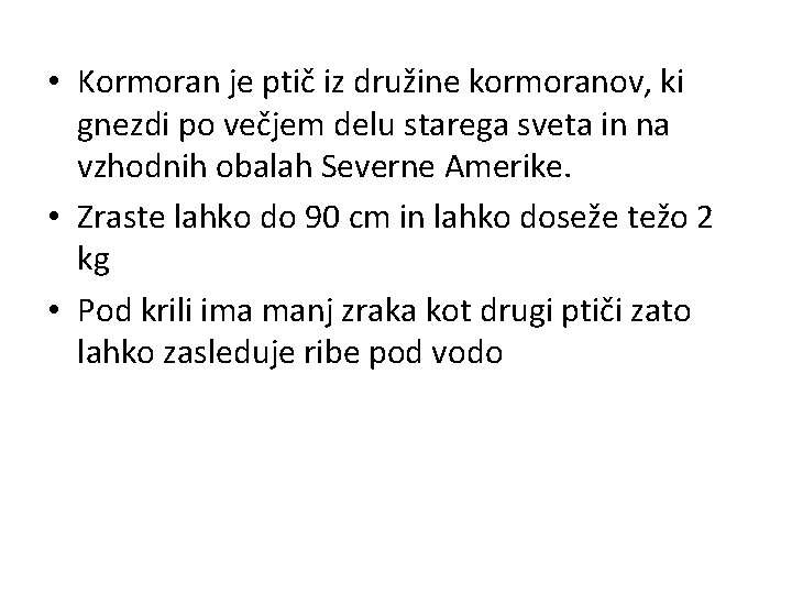  • Kormoran je ptič iz družine kormoranov, ki gnezdi po večjem delu starega