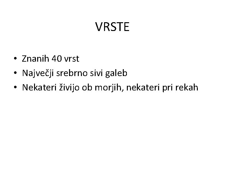 VRSTE • Znanih 40 vrst • Največji srebrno sivi galeb • Nekateri živijo ob