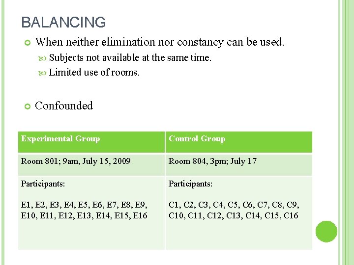 BALANCING When neither elimination nor constancy can be used. Subjects not available at the BALANCING When neither elimination nor constancy can be used. Subjects not available at the