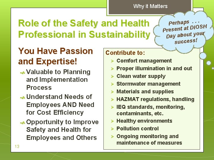 Why it Matters Role of the Safety and Health Professional in Sustainability You Have