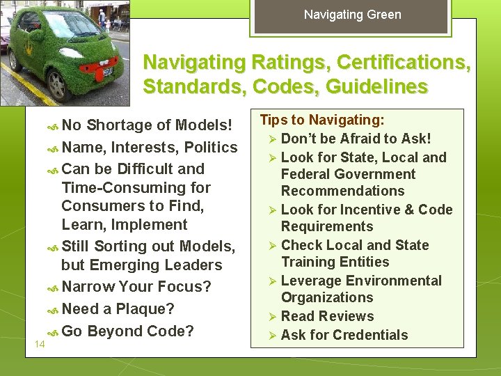 Navigating Green Navigating Ratings, Certifications, Standards, Codes, Guidelines No 14 Shortage of Models! Name,