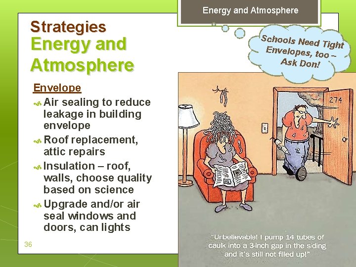Energy and Atmosphere Strategies Energy and Atmosphere Envelope Air sealing to reduce leakage in