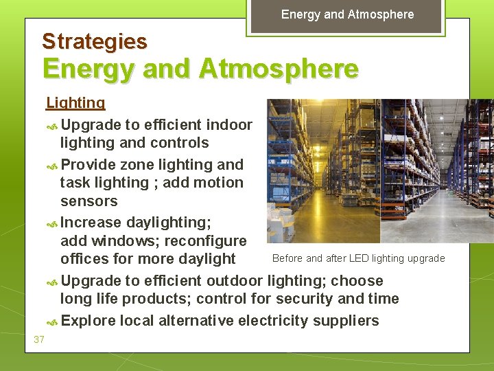 Energy and Atmosphere Strategies Energy and Atmosphere Lighting Upgrade to efficient indoor lighting and