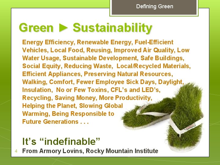Defining Green ► Sustainability Energy Efficiency, Renewable Energy, Fuel-Efficient Vehicles, Local Food, Reusing, Improved
