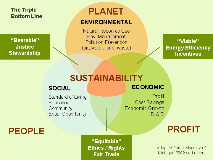 PLANET The Triple Bottom Line ENVIRONMENTAL Natural Resource Use Env. Management Pollution Prevention (air,
