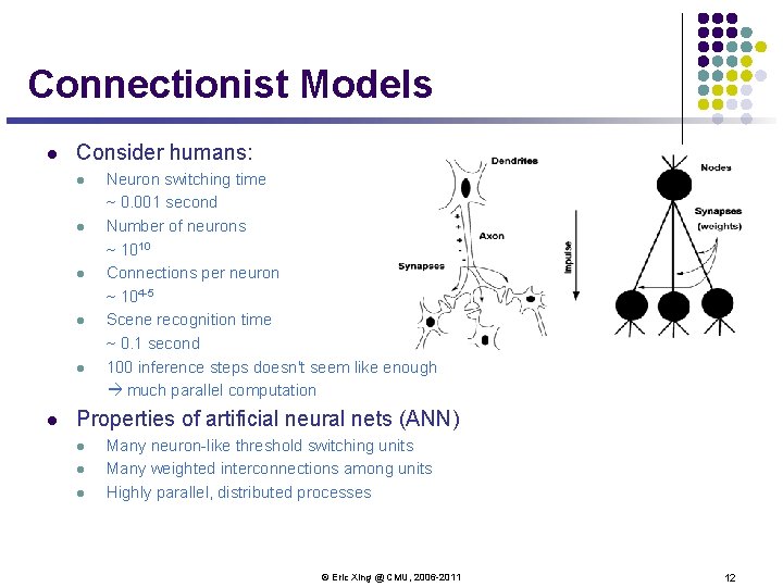 Connectionist Models l Consider humans: l l l Neuron switching time ~ 0. 001