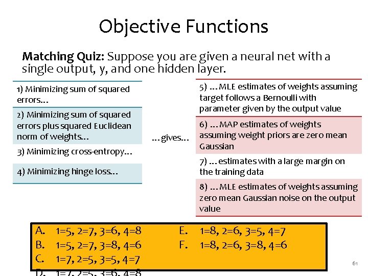 Objective Functions Matching Quiz: Suppose you are given a neural net with a single