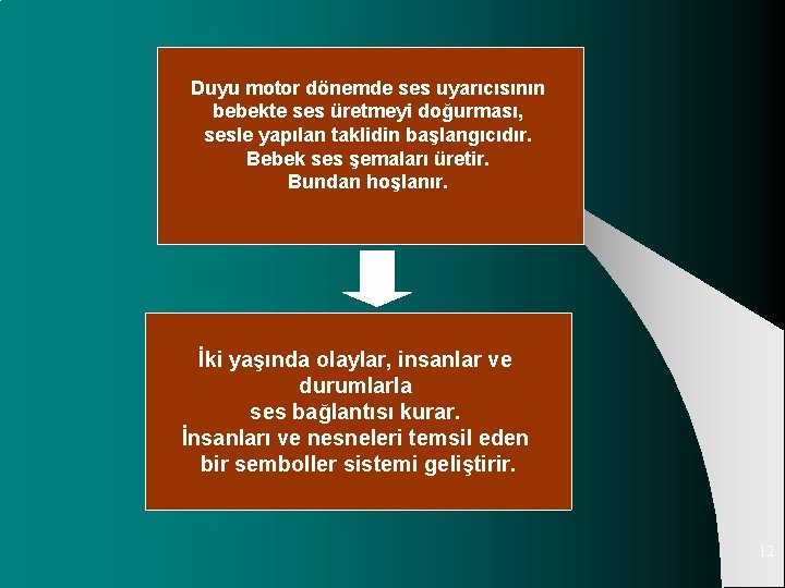 Duyu motor dönemde ses uyarıcısının bebekte ses üretmeyi doğurması, sesle yapılan taklidin başlangıcıdır. Bebek