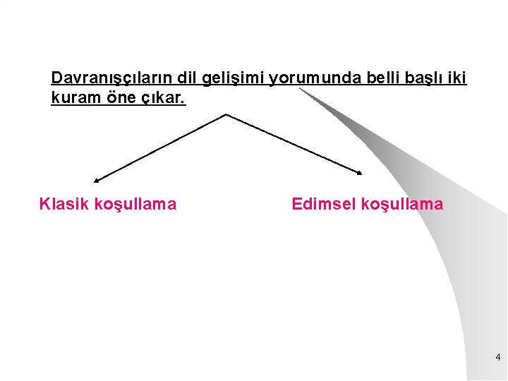 Davranışçıların dil gelişimi yorumunda belli başlı iki kuram öne çıkar. Klasik koşullama Edimsel koşullama