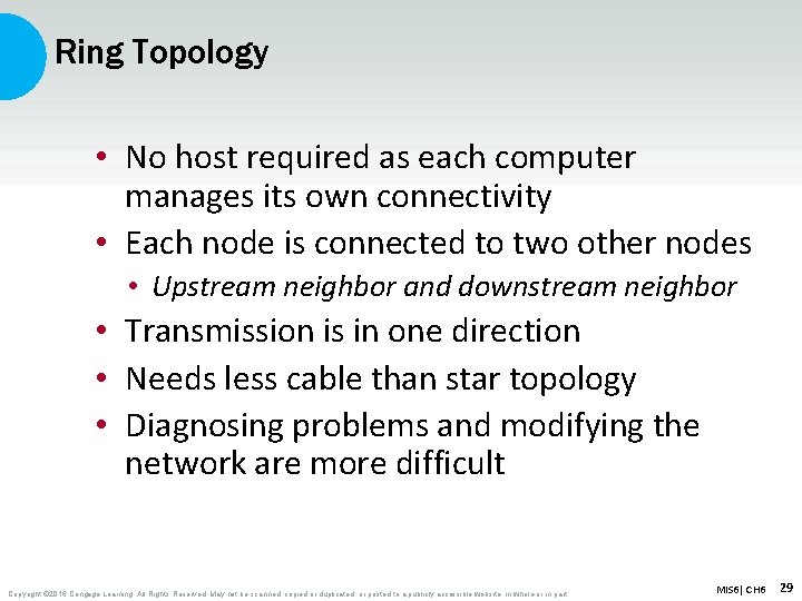 Ring Topology • No host required as each computer manages its own connectivity •