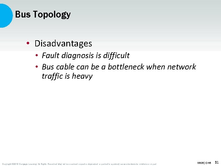 Bus Topology • Disadvantages • Fault diagnosis is difficult • Bus cable can be