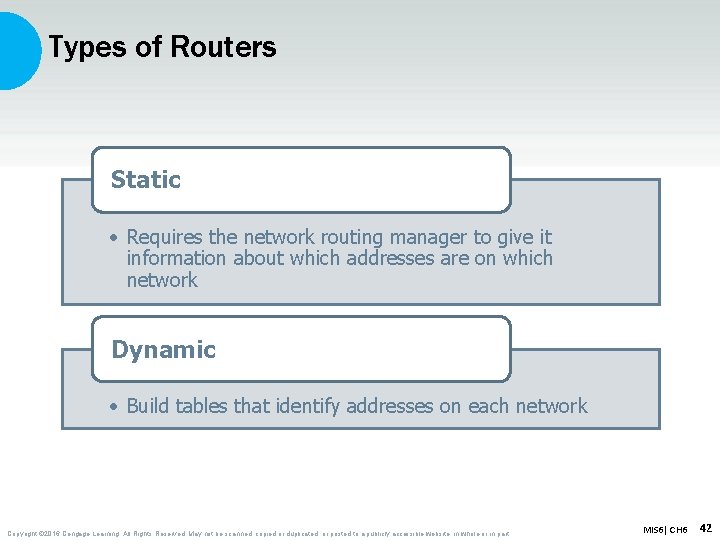 Types of Routers Static • Requires the network routing manager to give it information