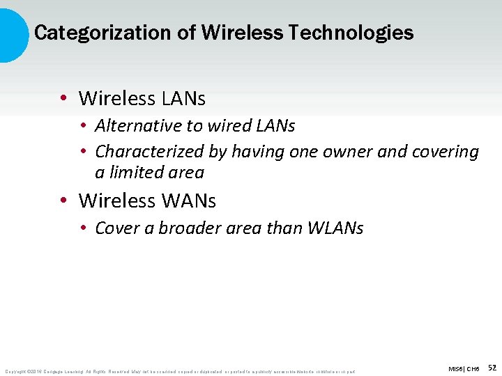 Categorization of Wireless Technologies • Wireless LANs • Alternative to wired LANs • Characterized