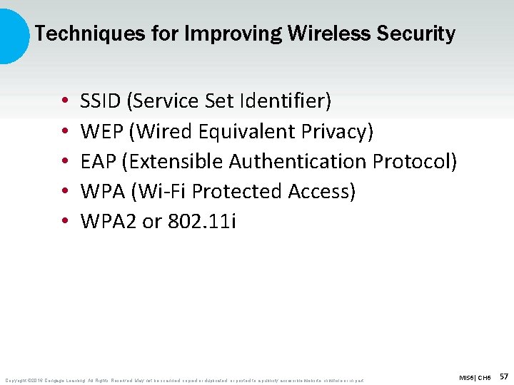 Techniques for Improving Wireless Security • • • SSID (Service Set Identifier) WEP (Wired