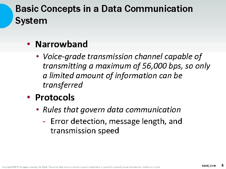 Basic Concepts in a Data Communication System • Narrowband • Voice-grade transmission channel capable