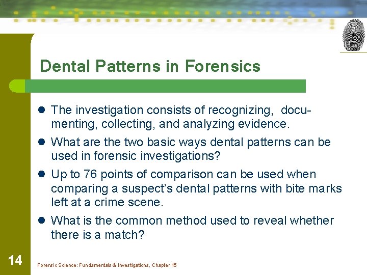 Dental Patterns in Forensics l The investigation consists of recognizing, docu- menting, collecting, and