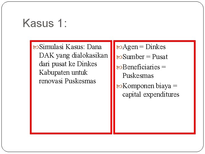 Kasus 1: Simulasi Kasus: Dana DAK yang dialokasikan dari pusat ke Dinkes Kabupaten untuk