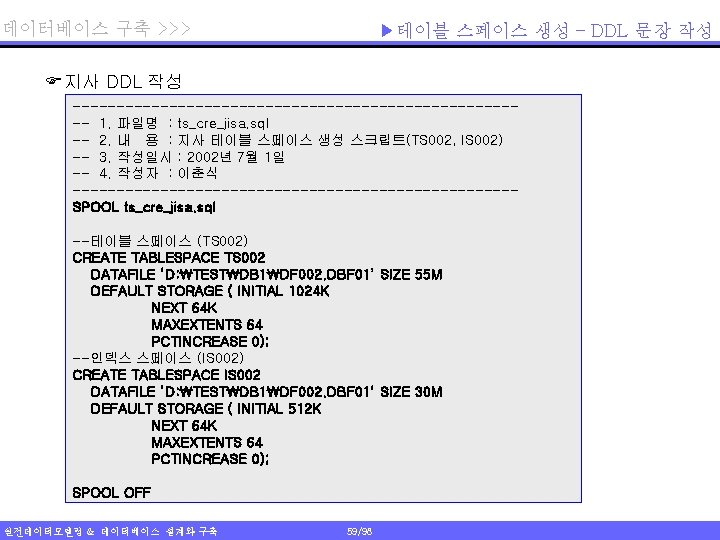 데이터베이스 구축 >>> ▶테이블 스페이스 생성 – DDL 문장 작성 F지사 DDL 작성 --------------------------