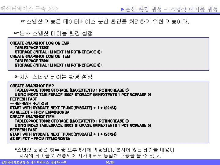 데이터베이스 구축 >>> ▶분산 환경 생성 – 스냅샷 테이블 생성 F스냅샷 기능은 데이터베이스 분산