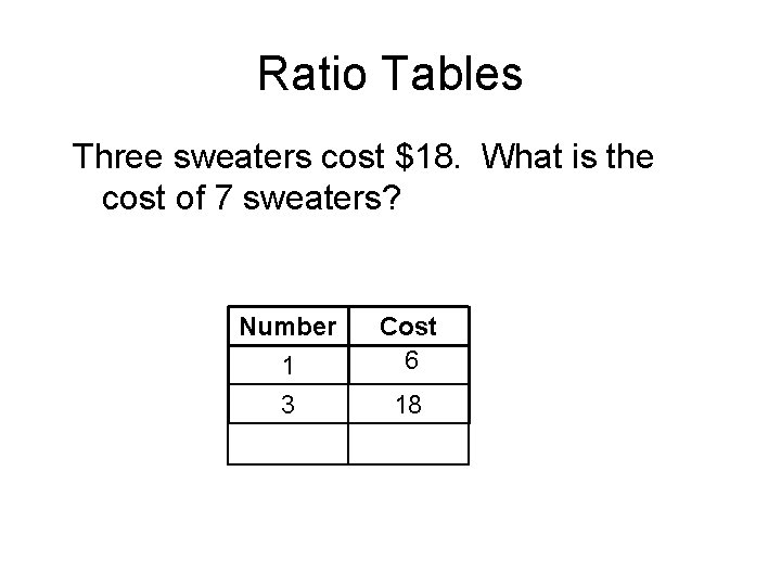 Ratio Tables Three sweaters cost $18. What is the cost of 7 sweaters? Number
