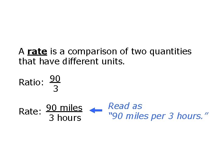 A rate is a comparison of two quantities that have different units. Ratio: 90