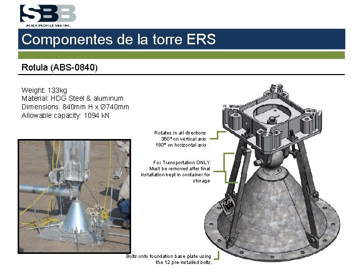 Componentes de la torre ERS Rotula (ABS-0840) Weight: 133 kg Material: HDG Steel &