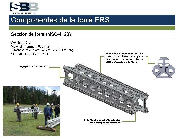 Componentes de la torre ERS Sección de torre (MSC-4129) Weight: 136 kg Material: Aluminum