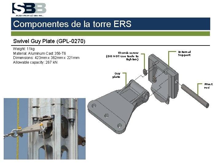 Componentes de la torre ERS Swivel Guy Plate (GPL-0270) Weight: 11 kg Material: Aluminum