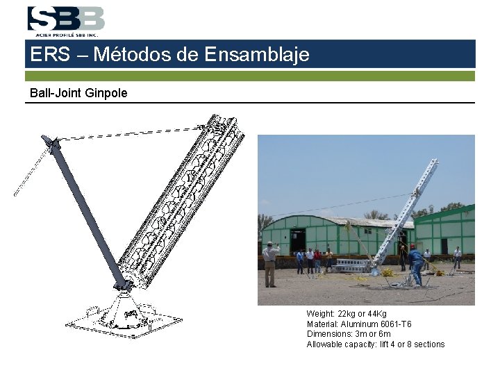 ERS – Métodos de Ensamblaje Ball-Joint Ginpole Weight: 22 kg or 44 Kg Material: