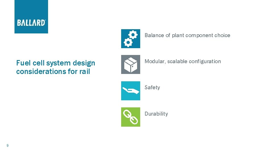 Balance of plant component choice Fuel cell system design considerations for rail Modular, scalable