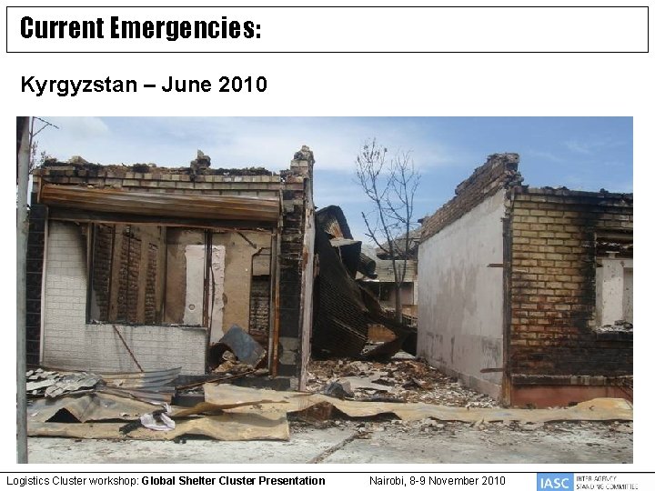Current Emergencies: Kyrgyzstan – June 2010 Logistics Cluster workshop: Global Shelter Cluster Presentation Nairobi,