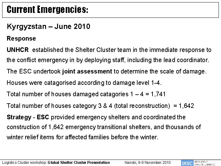 Current Emergencies: Kyrgyzstan – June 2010 Response UNHCR established the Shelter Cluster team in
