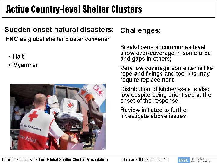 Active Country-level Shelter Clusters Sudden onset natural disasters: Challenges: IFRC as global shelter cluster